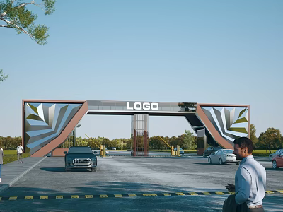 Modern Entrance Gate With Architectural Design And LOGO Surrounded By Vehicles People And Green Trees 3d model