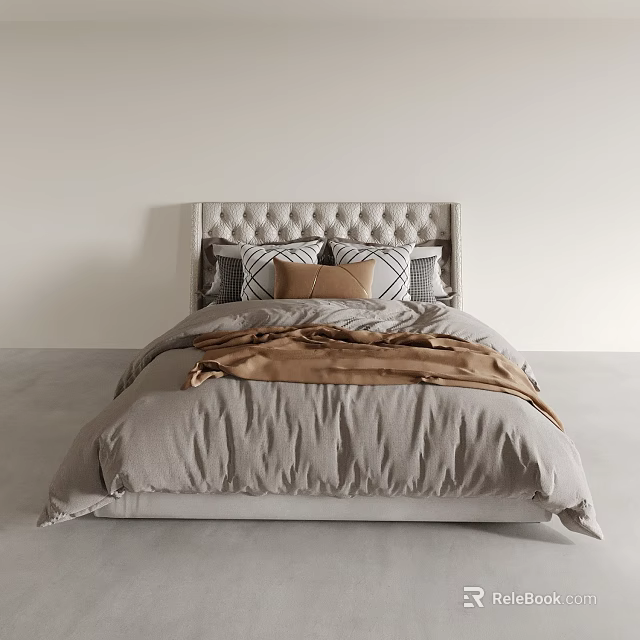 Modern Luxury Double Bed With Upholstered Headboard Gray Bedding Brown Throw Blanket Geometric Pattern Pillows 3d model 