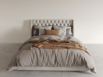 Modern Luxury Double Bed With Upholstered Headboard Gray Bedding Brown Throw Blanket Geometric Pattern Pillows 3d model