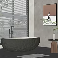 Modern Interior With Textured Black Bathtub Window Blinds Wall Art And Plant On Side Table