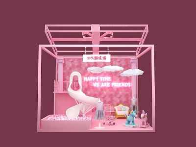 Pink Decorative Miniature Scene with Slide Sofa and Happy Friends Banner 3d model