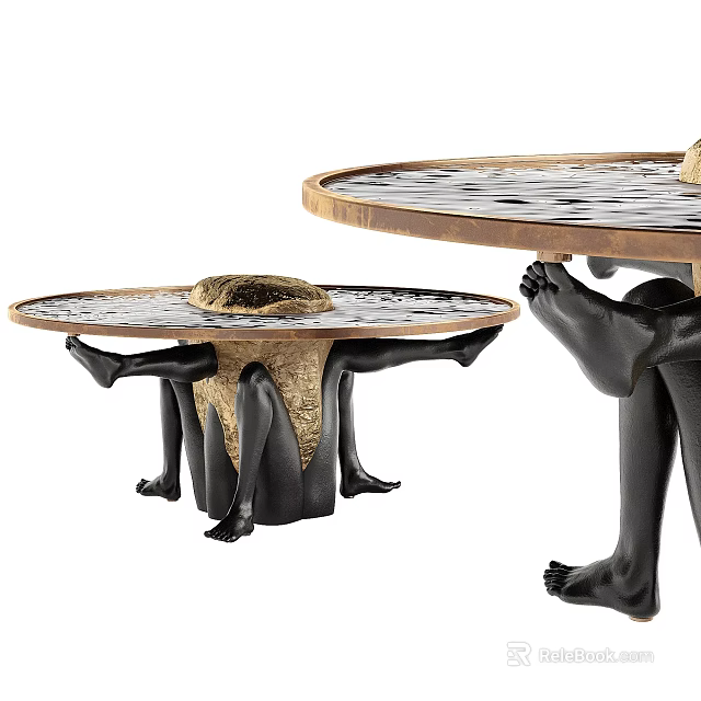 Artistic Coffee Table With Sculptural Black Legs And Golden Accent Wooden Top 3d model 