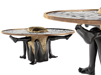 Artistic Coffee Table With Sculptural Black Legs And Golden Accent Wooden Top 3d model