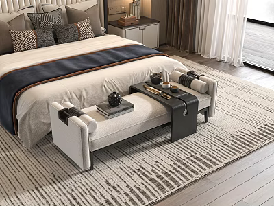 Modern Bedroom Interior With Bed Bench Nightstand Decorative Pillows And Area Rug 3d model