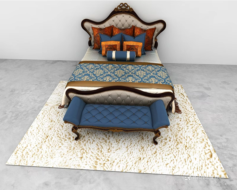 Classic Double Bed With Carved Headboard Decorative Pillows And Tufted Bench On Patterned Rug 3d model 