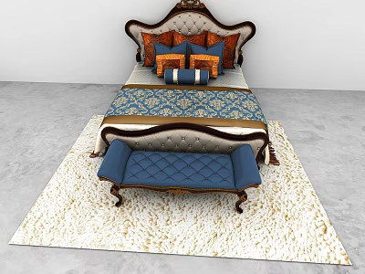 Classic Double Bed With Carved Headboard Decorative Pillows And Tufted Bench On Patterned Rug 3d model