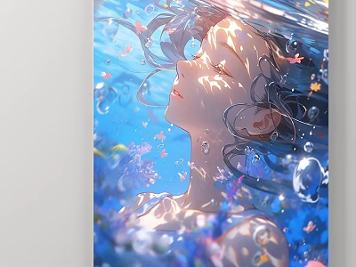 Underwater Female Portrait Painting With Flowing Hair Bubbles Soft Light And Colorful Elements 3d model