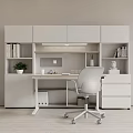 Modern Home Office Interior With White Bookshelves Desk Chair Books And Potted Plant
