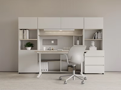 Modern Home Office Interior With White Bookshelves Desk Chair Books And Potted Plant 3d model