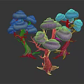 Cartoon Fantasy Scene With Colorful Mushroom Trees Pink Trunks And Blue Caps