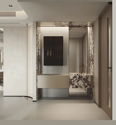 Elegant Modern Bathroom Vanity With Marble Countertop And Large Wall Mirror Design 3d model