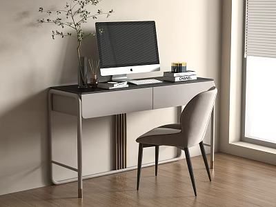 Modern Minimalist Desk Interior With Computer Monitor Books Vase Plant And Chair 3d model