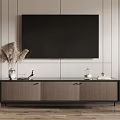 Modern Wooden TV Stand With Black Frame And Decorative Dried Flowers On Striped Wall Background