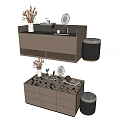 Modern Grey Drawer Cabinet With Marble Top Decorative Items And Round Stool 3d model