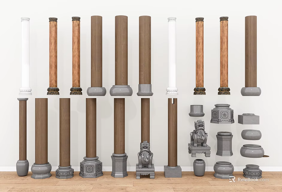 Various Wooden And Stone Columns With Different Bases Capitals And Decorative Elements 3d model
