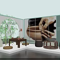 Interactive Area For Pottery Experience With Bamboo Display Table Stools And Wall 3d model
