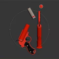 Red Toy Gun With Black Grip And Silver Cylinder Accessory On Dark Surface