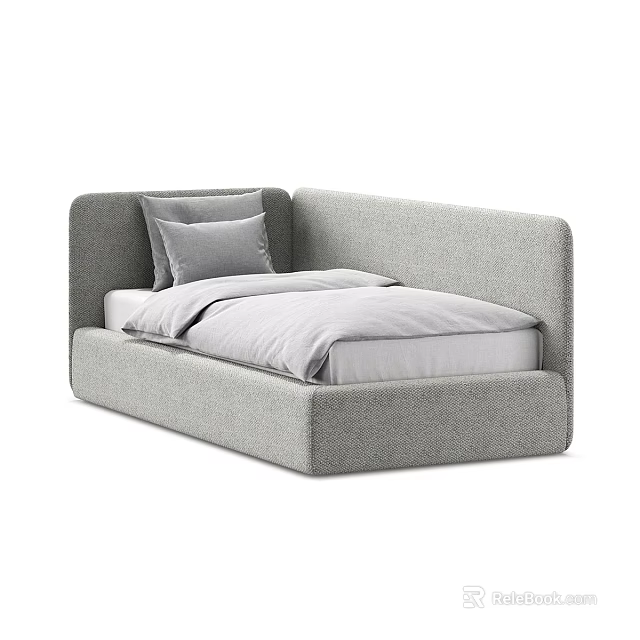 Single Bed Gray Fabric Upholstered Modern Minimalist Design with Soft Pillows and Bed Linen 3d model 