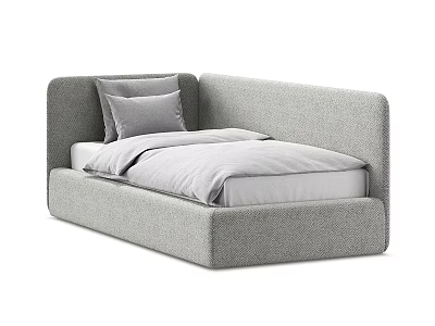 Single Bed Gray Fabric Upholstered Modern Minimalist Design with Soft Pillows and Bed Linen 3d model