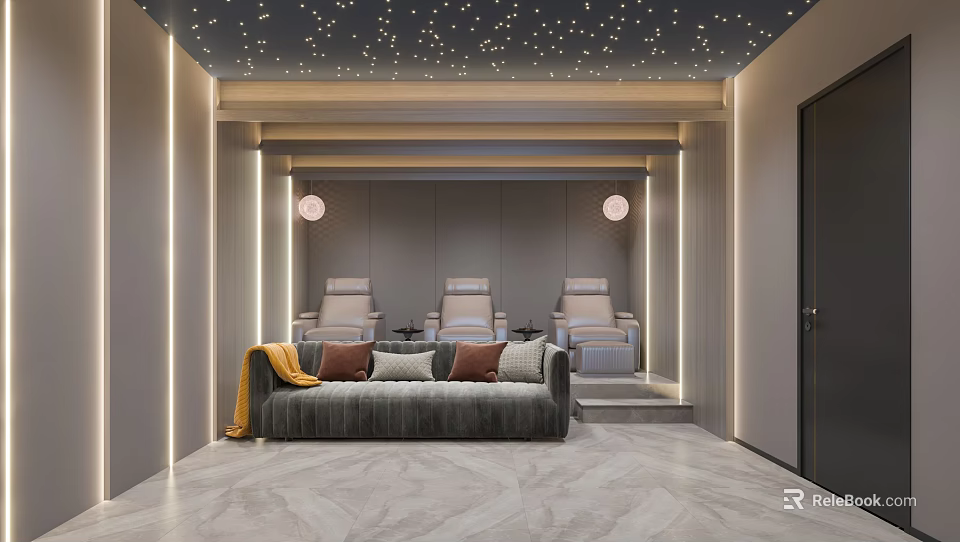 Modern Home Theater Room With Starry Ceiling Gray Sofa Armchairs And Ambient Lighting 3d model 