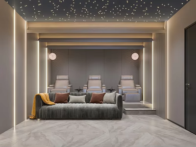 Modern Home Theater Room With Starry Ceiling Gray Sofa Armchairs And Ambient Lighting 3d model