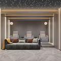 Modern Home Theater Room With Starry Ceiling Gray Sofa Armchairs And Ambient Lighting