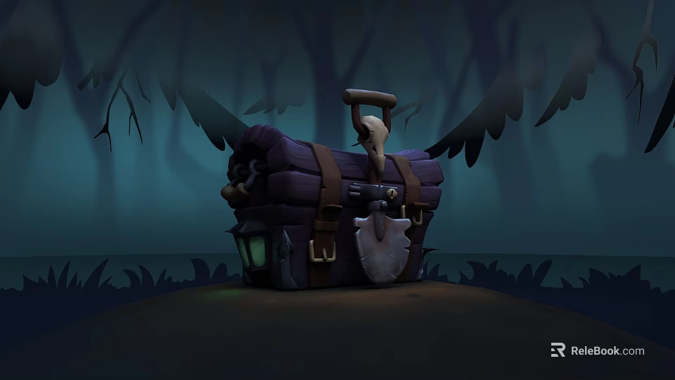 Purple Decorative Cabinet With Brown Straps And Shovel In Dark Forest Setting 3d model 