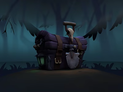 Purple Decorative Cabinet With Brown Straps And Shovel In Dark Forest Setting 3d model
