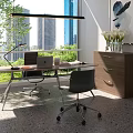 Modern Office Desk Setup With Laptop Desk Lamp Cabinet And City View Greenery Natural Light