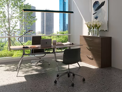 Modern Office Desk Setup With Laptop Desk Lamp Cabinet And City View Greenery Natural Light 3d model