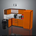 Modern Kitchen Furniture With Orange Cabinets Refrigerator Microwave Sink And Appliances
