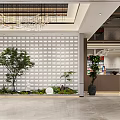 Elegant Modern Restaurant Interior With Marble Service Counter Chandelier And Potted Plant