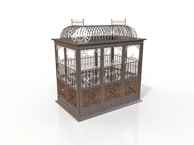 Antique Ornate Birdcage Structure With Metal Frame Glass Panels And Carved Wooden Base 3d model