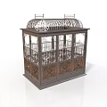 Antique Ornate Birdcage Structure With Metal Frame Glass Panels And Carved Wooden Base