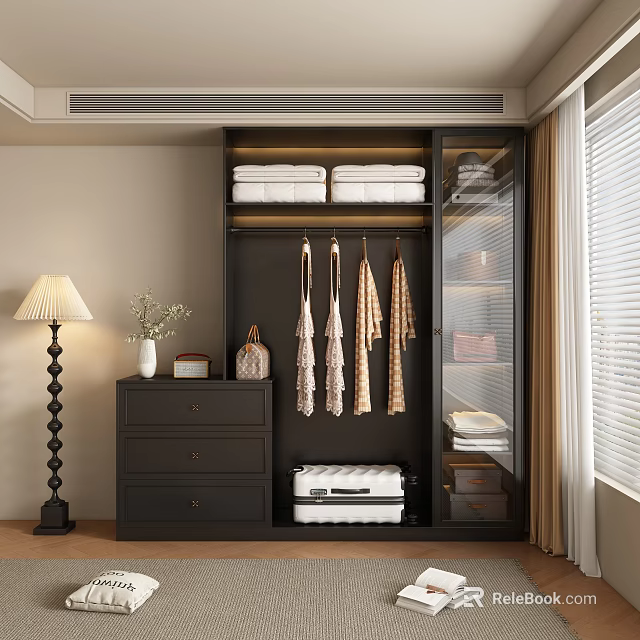 Modern Wardrobe With Glass Door Hanging Area Folded Clothes Drawers And Storage Box 3d model 