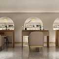Modern Hair Beauty Salon Interior With Arched Wooden Decor Round Mirrors Chandeliers And Hairdressing Chairs