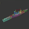 Detailed Warship Model Featuring Red and White Stripes on Bow and Stern with Blue Hull
