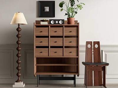 Modern Wooden Chest of Drawers Interior With Shelves Potted Plant Table Lamp and Framed Art 3d model