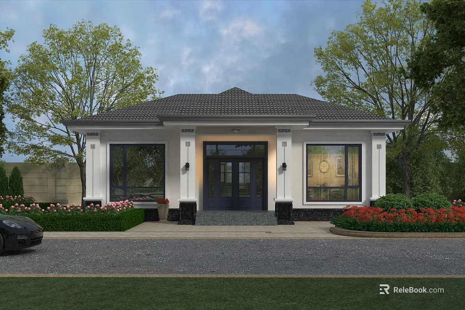 Single Family Detached House With Gray Roof White Exterior Large Windows Flower Beds And Trees 3d model 