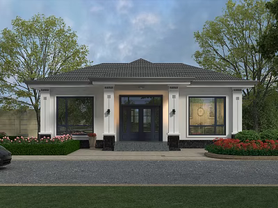 Single Family Detached House With Gray Roof White Exterior Large Windows Flower Beds And Trees 3d model
