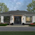 Single Family Detached House With Gray Roof White Exterior Large Windows Flower Beds And Trees