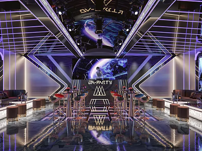 Modern KTV Interior With Neon Lights Comfortable Sofas And Large Screen 3d model