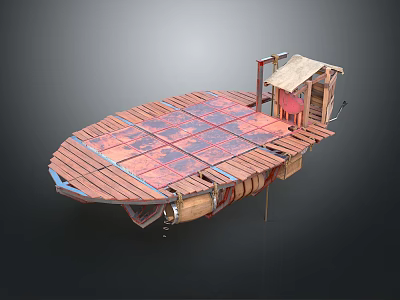 Wooden Boat Structure With Red Brown Planked Deck And Sloped Roof Cabin 3d model