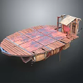 Wooden Boat Structure With Red Brown Planked Deck And Sloped Roof Cabin