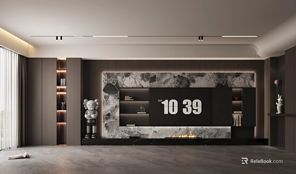 Modern Living Room Wall Design With Marble TV Fireplace And Shelves 3d model 