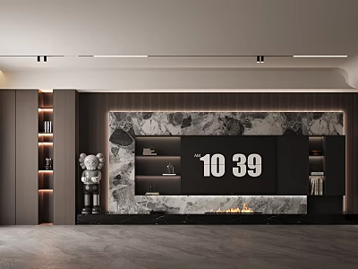 Modern Living Room Wall Design With Marble TV Fireplace And Shelves 3d model