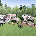 Garden Landscape With RV Tent Outdoor Seating And BBQ Grill In Green Grass Area