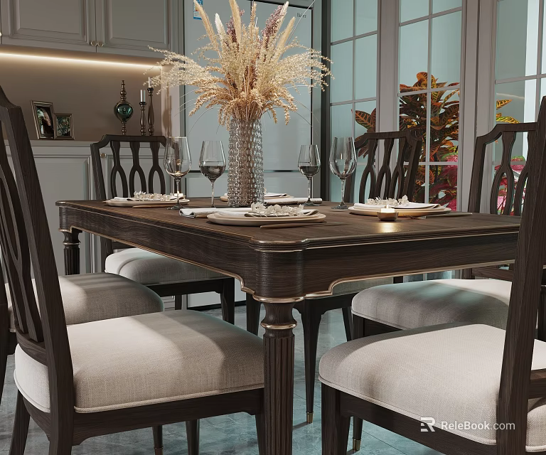Elegant Dining Room With Dark Wooden Table Light Cushioned Chairs And Dried Flower Vase 3d model 