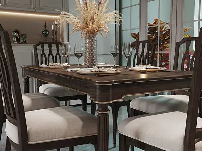 Elegant Dining Room With Dark Wooden Table Light Cushioned Chairs And Dried Flower Vase 3d model