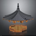Traditional Pavilion Structure With Layered Gray Tile Roof And Ornate Orange Railing Base